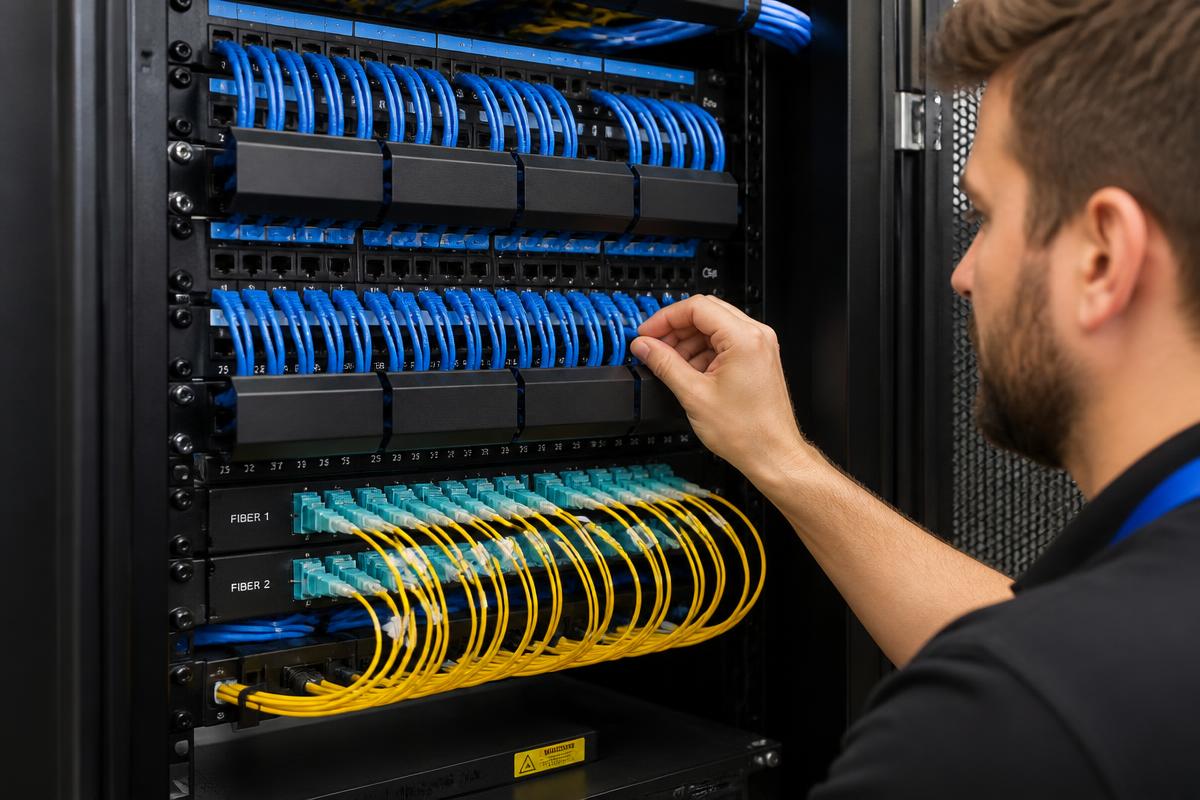 Structured data cabling and fibre-optic terminations in a commercial comms cabinet