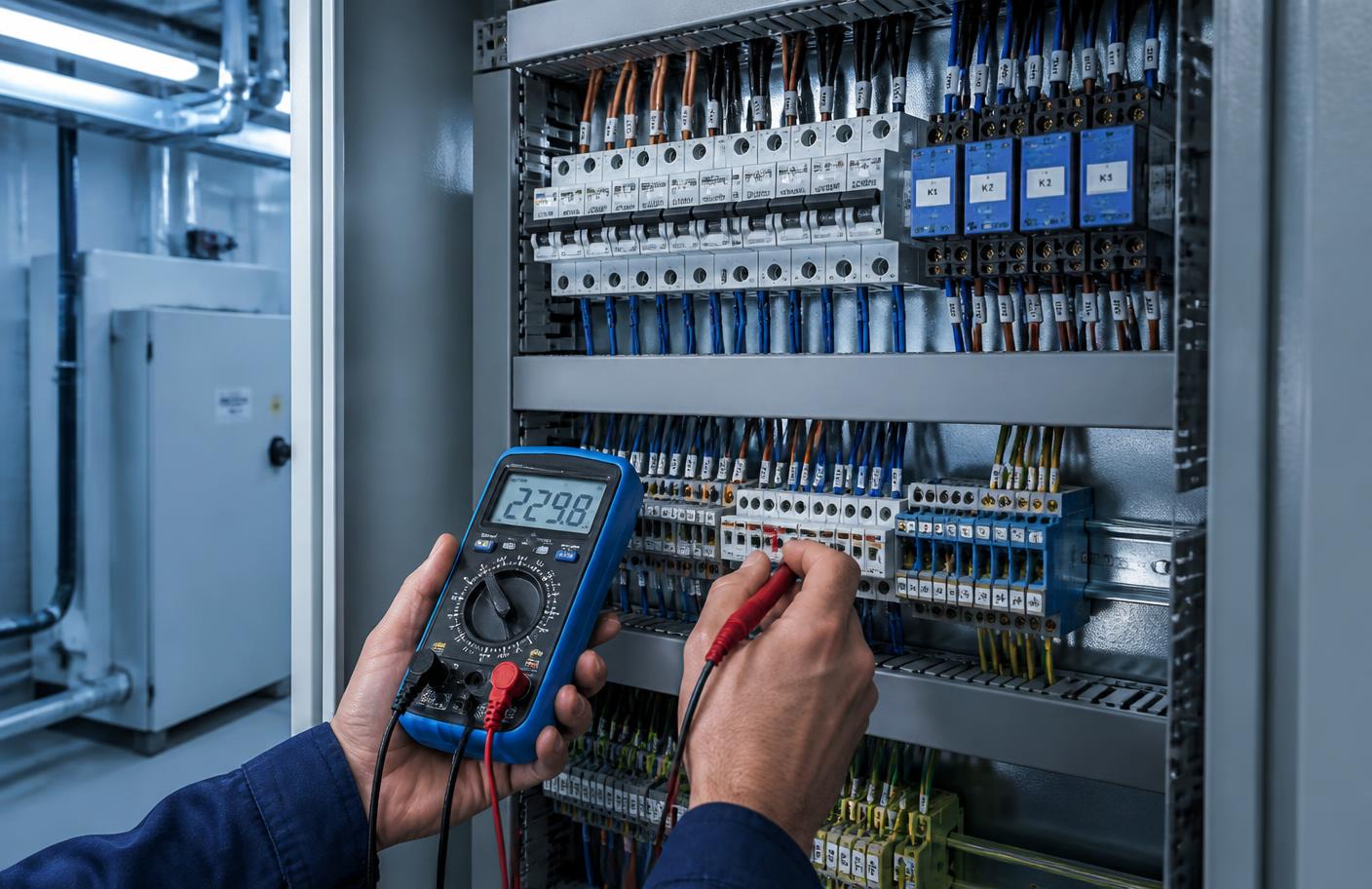 Electrician testing an industrial distribution board with a multimeter