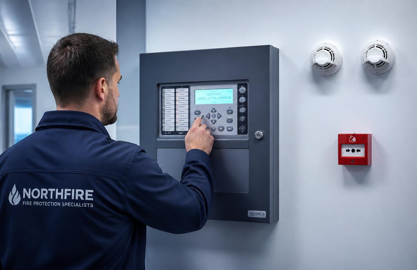 Technician checking a commercial fire alarm control panel